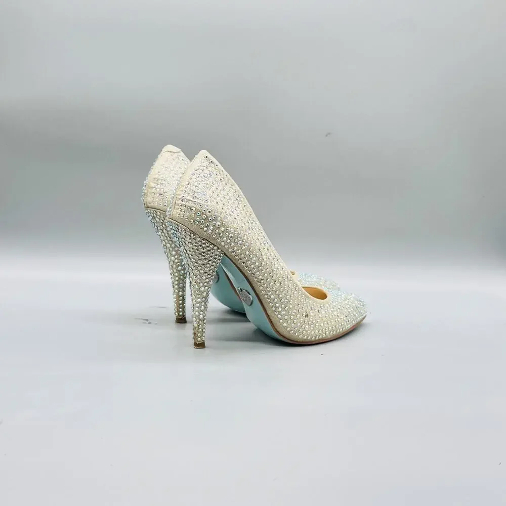 Betsey Johnson Shoes Womens 7.5 White Shine Rhinestone Pumps Stiletto Wedding